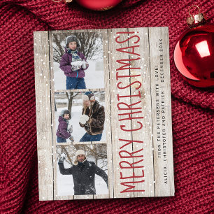 Budget Christmas 3 photo collage wood Holiday Card