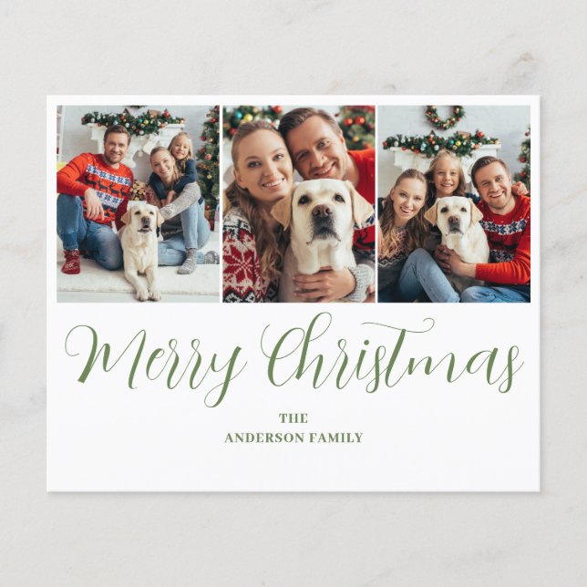Budget Christmas 3 Photo Green Typography Card (Front)