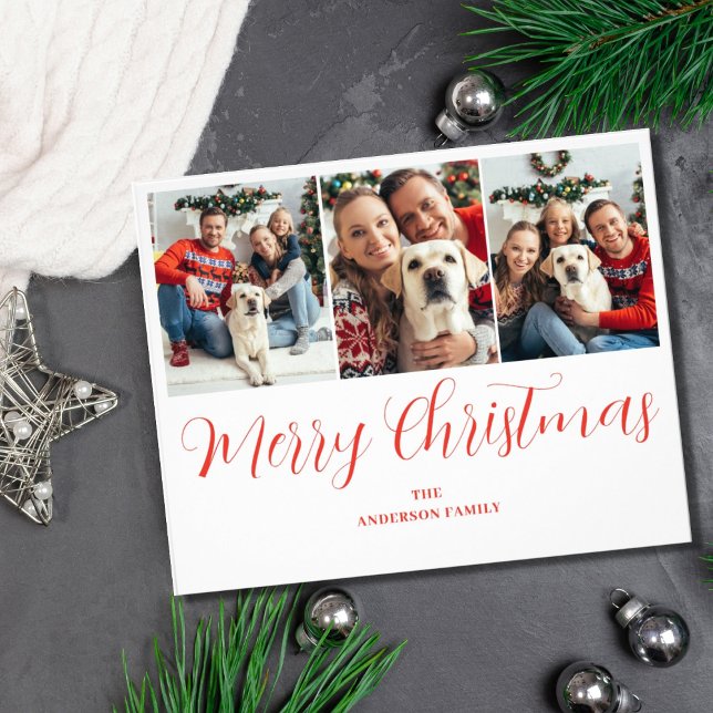Budget Christmas 3 Photo Red Typography Card  (Creator Uploaded)