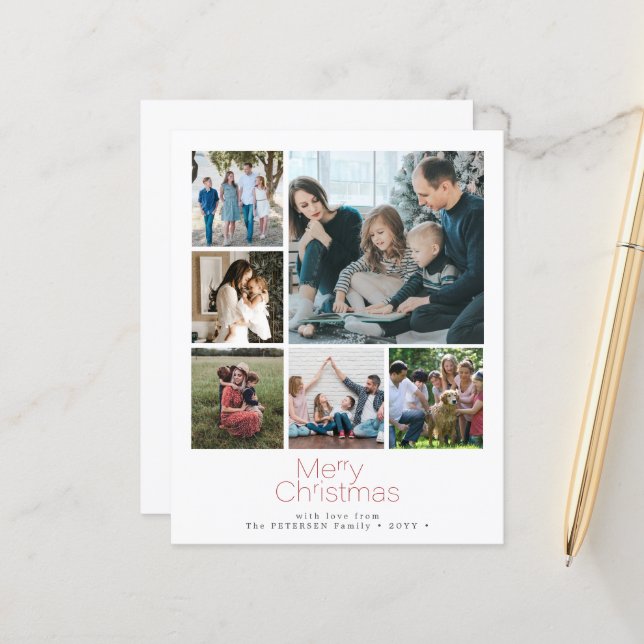 Budget Christmas 6 photo collage Holiday Card (Front/Back In Situ)