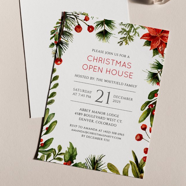 Budget Christmas Holiday Open House Party Flyer (Poinsettia Red Berries Family Christmas Party Invitation)