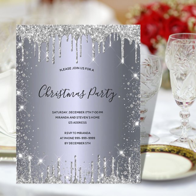 Budget Christmas Party silver glitter invitation (Creator Uploaded)