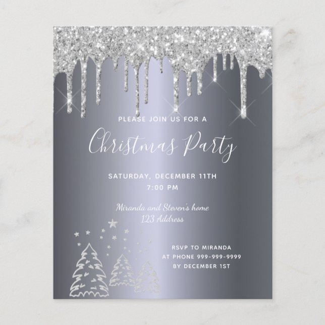 Budget Christmas party silver glitter invitation (Front)