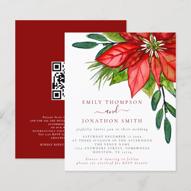 Budget Christmas QR Code Poinsettia Wedding Invite (Front/Back)