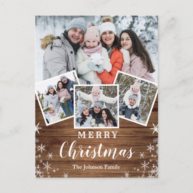 Budget Christmas Rustic Wood 4 PHOTO Holiday Card (Front)