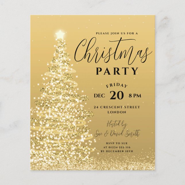 Budget Christmas Tree Party Gold Holiday Invite Flyer (Front)