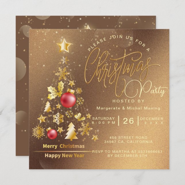 Budget Christmas Tree Party Gold Invitation (Front/Back)