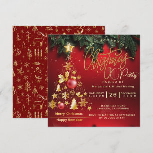 Budget Christmas Tree Party Golden and Red Invitation