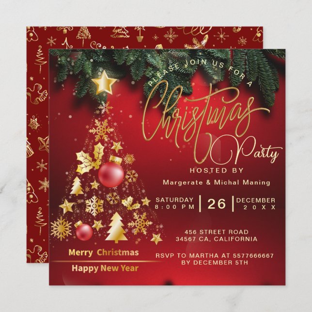 Budget Christmas Tree Party Golden and Red Invitation (Front/Back)