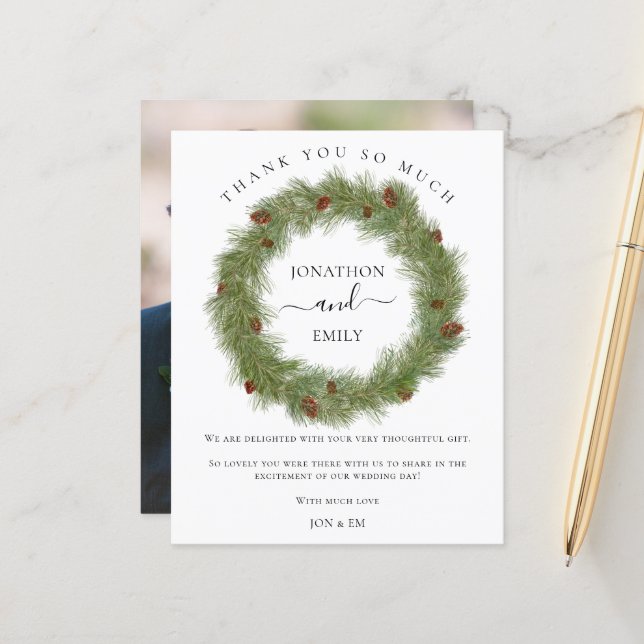 Budget Christmas Wreath Cone Wedding Thank You (Front/Back In Situ)