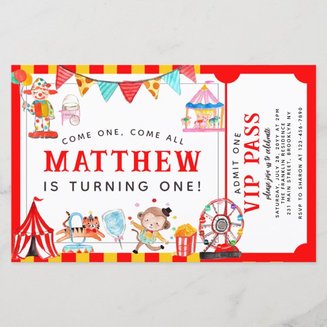 Budget Circus Carnival Show Ticket Cute Birthday (Front)