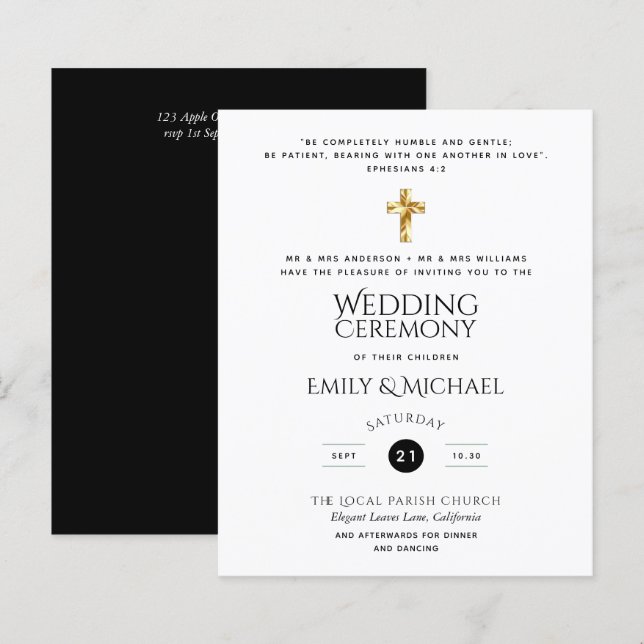 Budget Classic Black White Catholic Wedding Invite (Front/Back)
