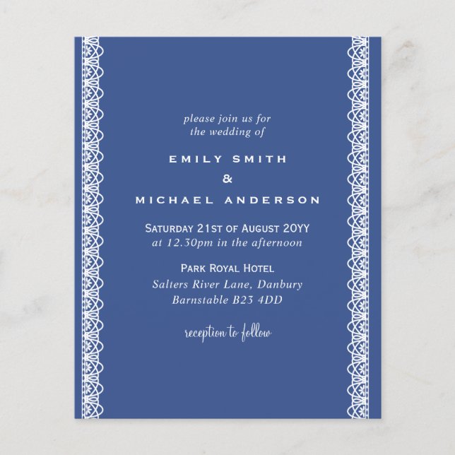Budget Classic Blue White Lace Wedding Invitations (Front)