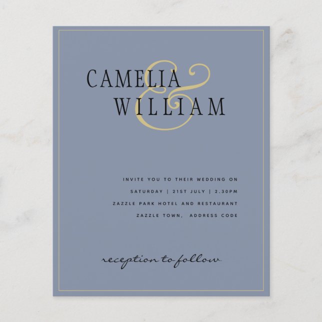 BUDGET Classic Dusty Blue Gold Wedding Invite Flyer (Front)