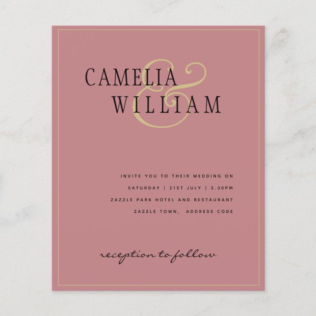 BUDGET Classic Dusty Rose Pink Gold Wedding Invite Flyer (Front)