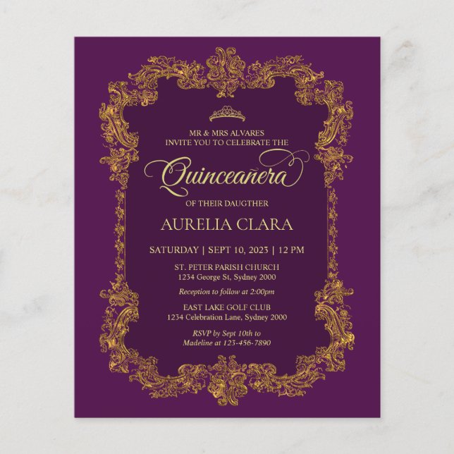 Budget Classic Elegant Purple Gold Quinceanera (Front)