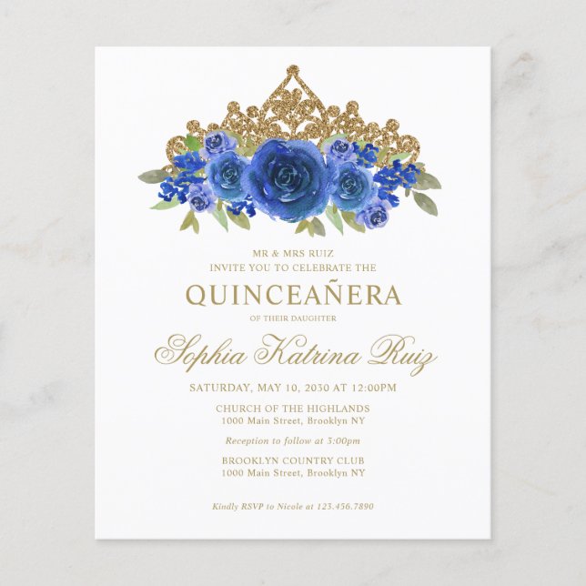 Budget Classic Floral Royal Blue Tiara Quinceañera Flyer (Front)