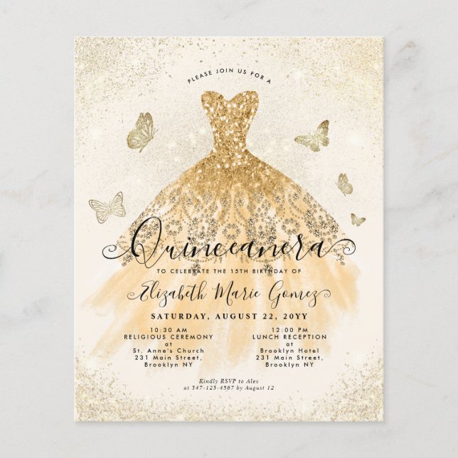 Budget Classic Light Gold Gown Quinceanera Invite (Front)