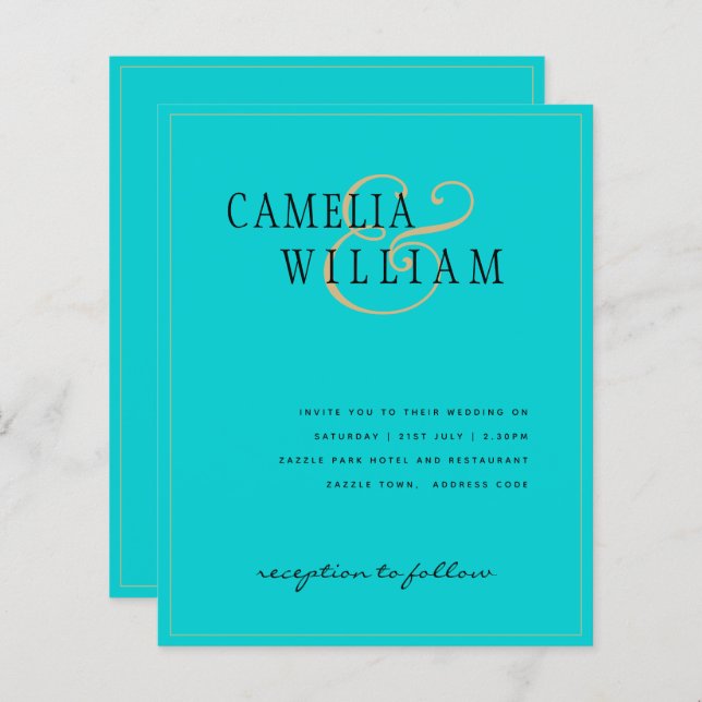 BUDGET Classic Turquoise Gold Wedding Invite  (Front/Back)