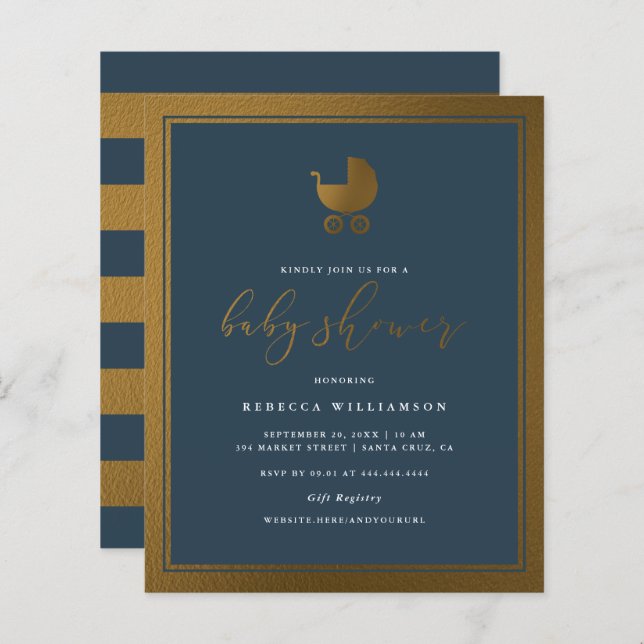 Budget Classy Navy Blue Gold Pram Boy Baby Shower (Front/Back)