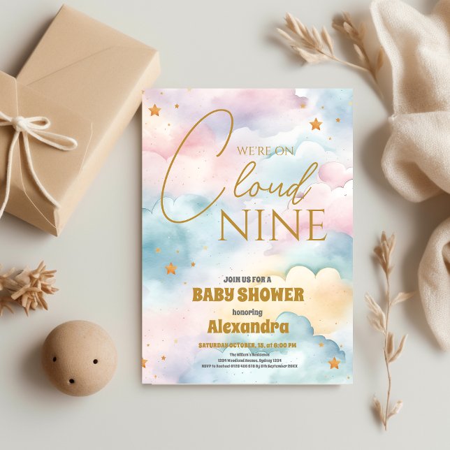 Budget Cloud 9 Gold Stars Watercolor Baby Shower Flyer (Creator Uploaded)