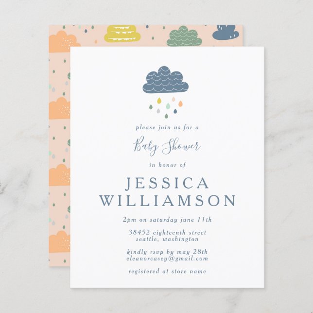 Budget Clouds and Raindrops in Blue Baby Shower  (Front/Back)