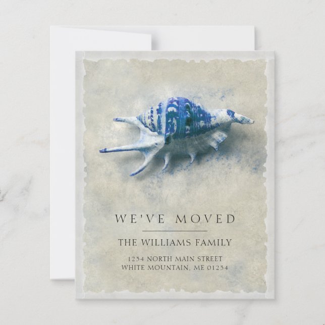 Budget Coastal Blue Seashell Beach Moving Card (Front)