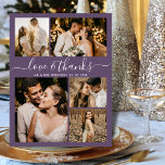Budget Collage Purple Wedding Thank You Card<br><div class="desc">Budget Elegant Script 5 Photo Collage Mauve Purple Wedding Thank You personalized affordable low budget thin card. Modern wedding thank you template featuring five (5) photo on the front and one (1) photo on the back. On the front of paper "Love and thanks" typography script in a swirly hand lettered...</div>
