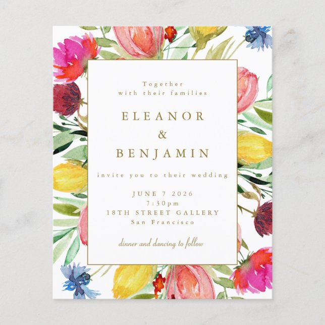 Budget Colourful Garden Flowers Wedding Invitation (Front)