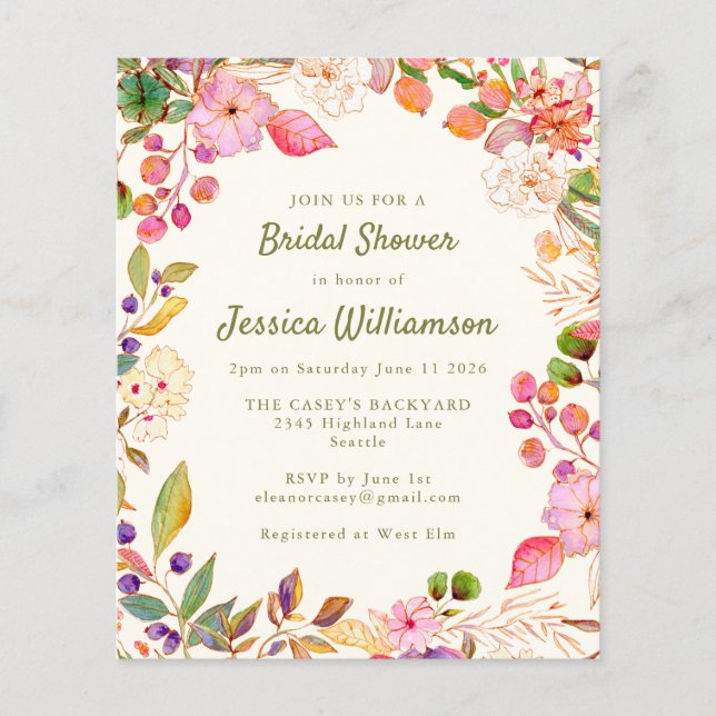 Budget Colourful Watercolor Floral Bridal Shower (Front)