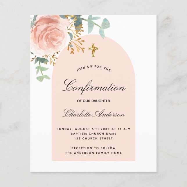 Budget confirmation rose floral arch invitation (Front)