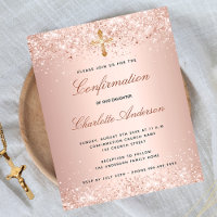Budget confirmation rose gold glitter invitation