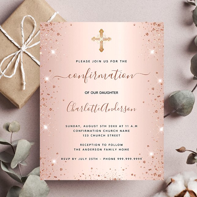 Budget confirmation rose gold glitter invitation (Creator Uploaded)