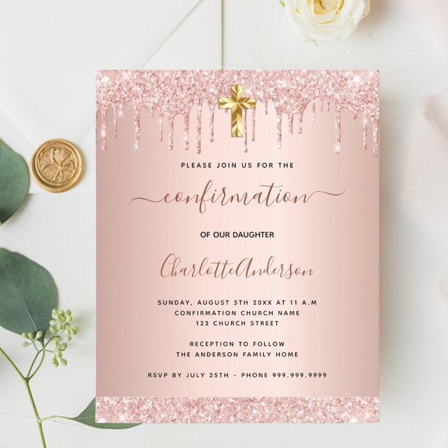 Budget confirmation rose gold glitter invitation (Creator Uploaded)