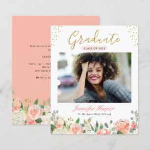 Budget Coral Floral Photo Graduation Announcement
