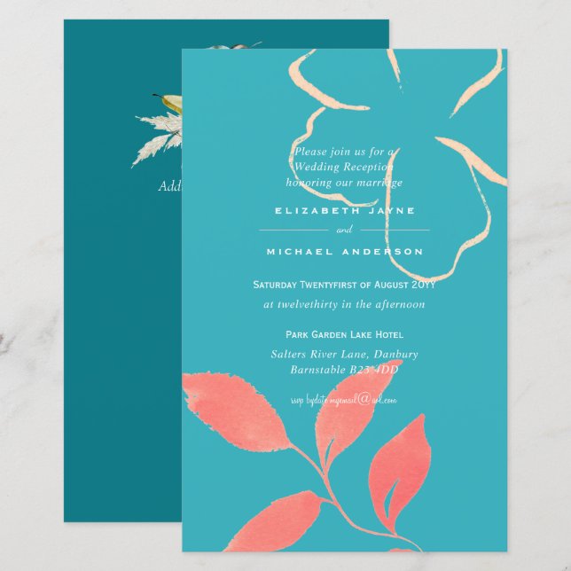 BUDGET Coral Leaf Wedding Invite A9 (Front/Back)