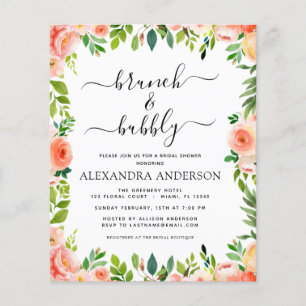 Budget Coral Peach Brunch & Bubbly Bridal Shower Flyer