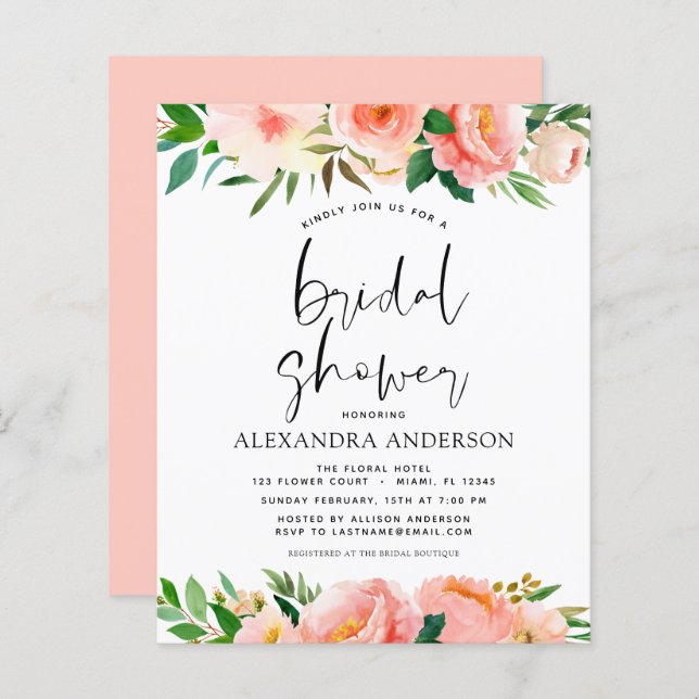 Budget Coral Peach Floral Bridal Shower Invitation (Front/Back)