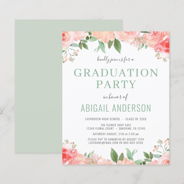 Budget Coral Peach Floral Graduation Invitation (Front/Back)