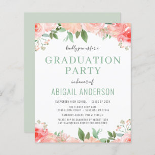 Budget Coral Peach Floral Graduation Invitation