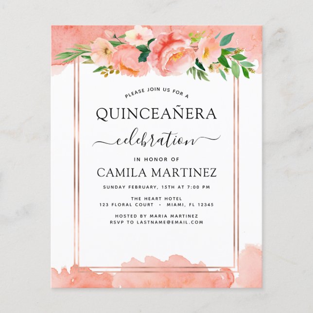 Budget Coral Peach Floral Quinceañera Invitation Flyer (Front)