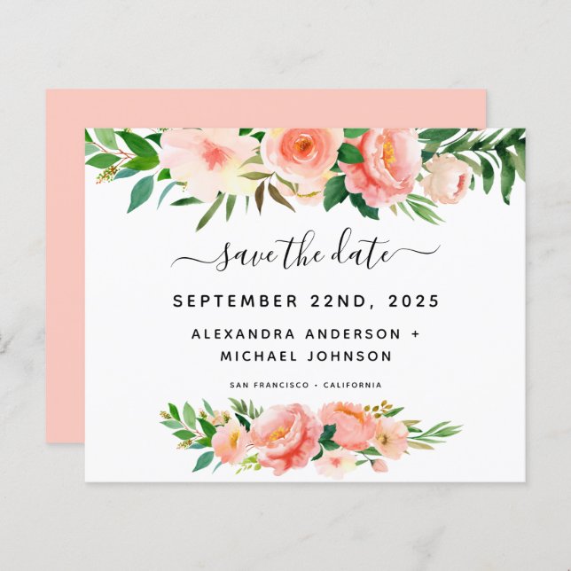 Budget Coral Peach Floral Save the Date Invitation (Front/Back)