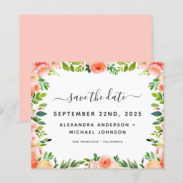 Budget Coral Peach Floral Save the Date Invitation (Front/Back)