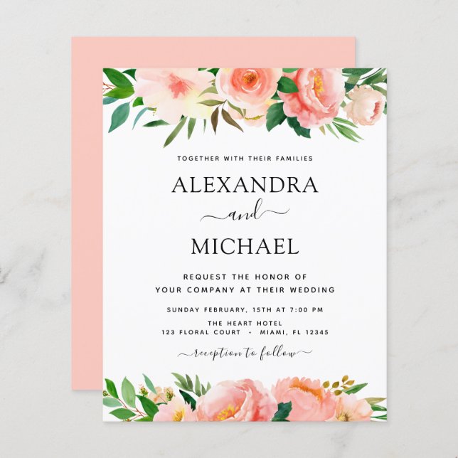 Budget Coral Peach Floral Wedding Invitation (Front/Back)