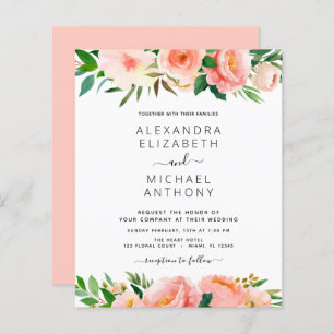 Budget Coral Peach Floral Wedding Invitation