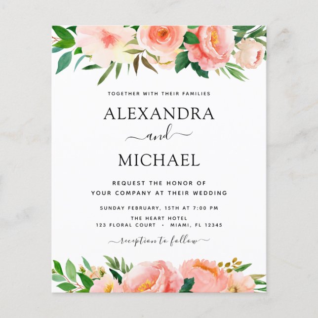 Budget Coral Peach Floral Wedding Invitation Flyer (Front)