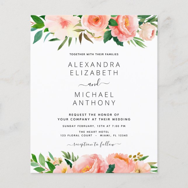 Budget Coral Peach Floral Wedding Invitation Flyer (Front)