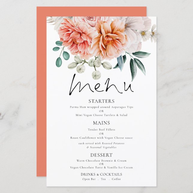 Budget Coral Peonies Florales Mariage Menu (Devant / Derrière)