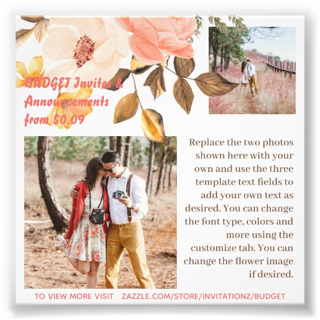 BUDGET Coral rose Fleurs Modèle de texte photo (Devant)