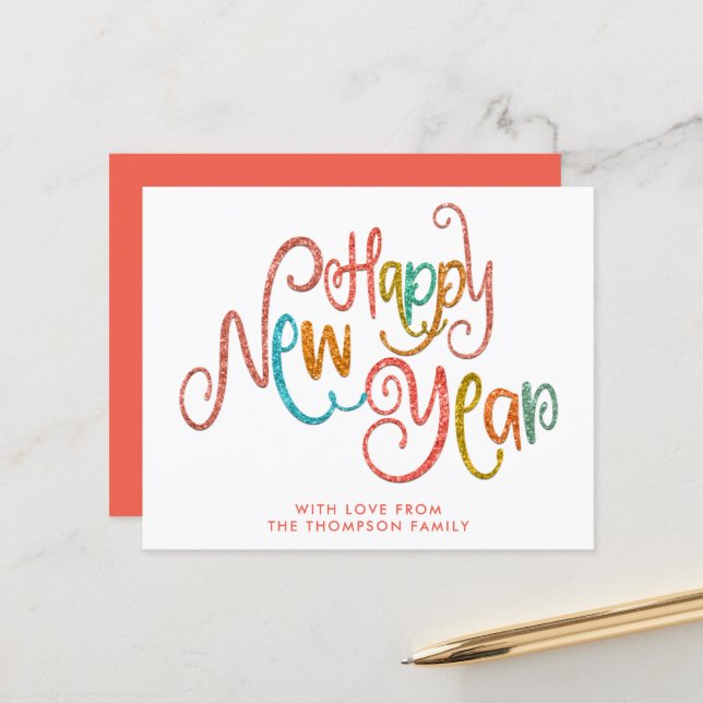 BUDGET Coral Teal Gold Glitter Happy New Year (Front/Back In Situ)